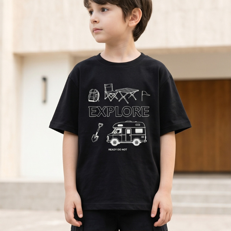 Kids Boys Camper Van Print เสื้อยืดผ้าฝ้าย 100% สไตล์ผจญภัยกลางแจ้ง Casual Top TS1