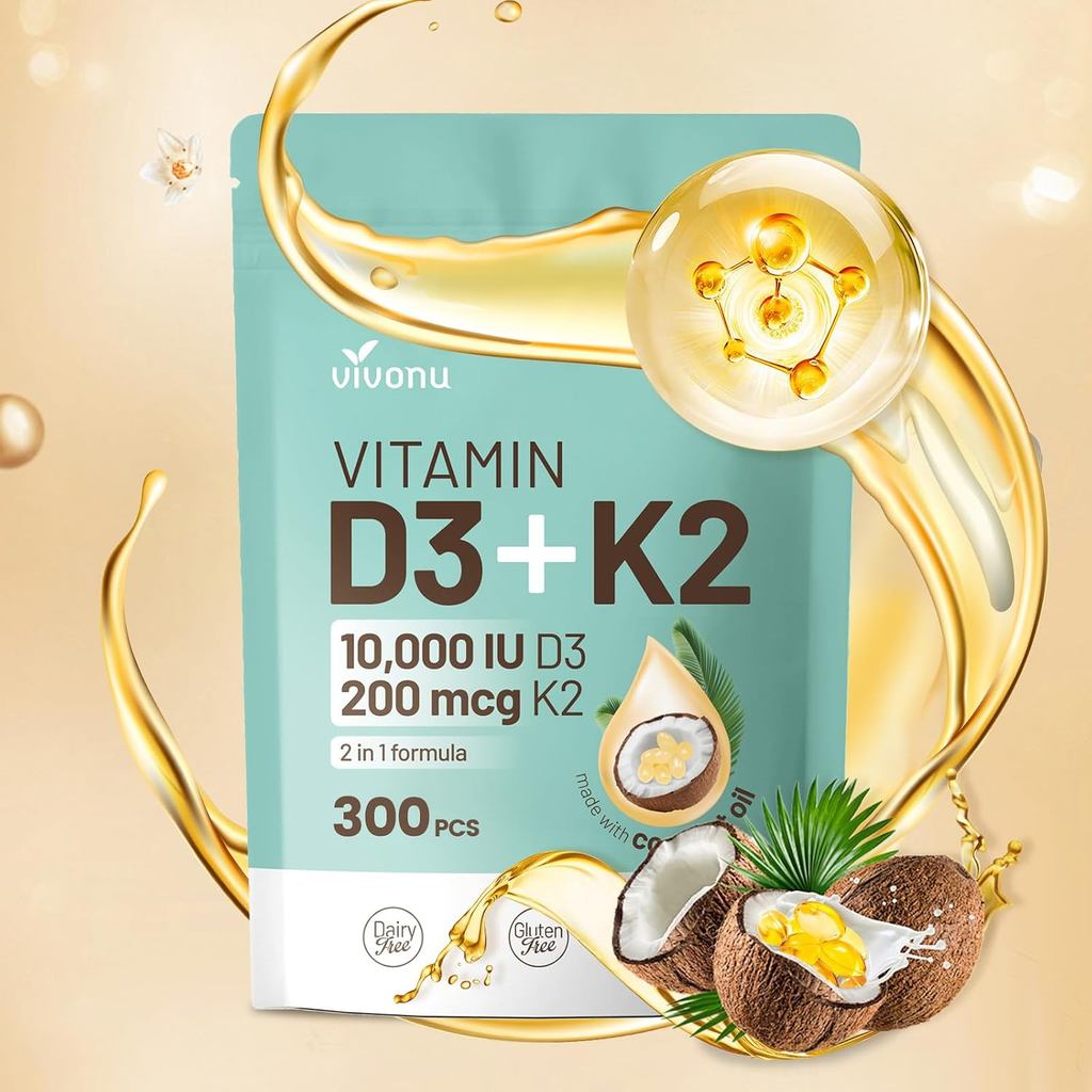 วิตามิน D3 K2 1,0000 IU พร้อม MK7-300 Virgin Coconut Oil Soft Capsules, 2 in 1 Vitamin D & K Multivi