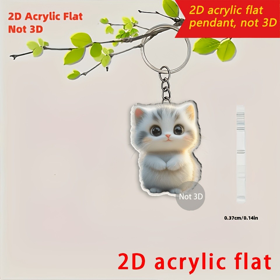 [2D Flat] พวงกุญแจอะคริลิกแบบ 2D ไม่ใช่ 3D รูปแมวน่ารัก - พวงกุญแจแมวขนนุ่มพร้อมดวงตาดีไซน์พิเศษ น้ำหนักเบา สำหรั