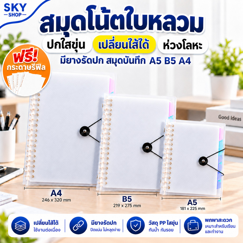 SKY 【ฟรีกระดาษรีฟิล】 สมุดโน้ตใบหลวม ปกใสขุ่น เปลี่ยนไส้ได้ ห่วงโลหะ มียางรัดปก สมุดบันทึก A5 B5 A4