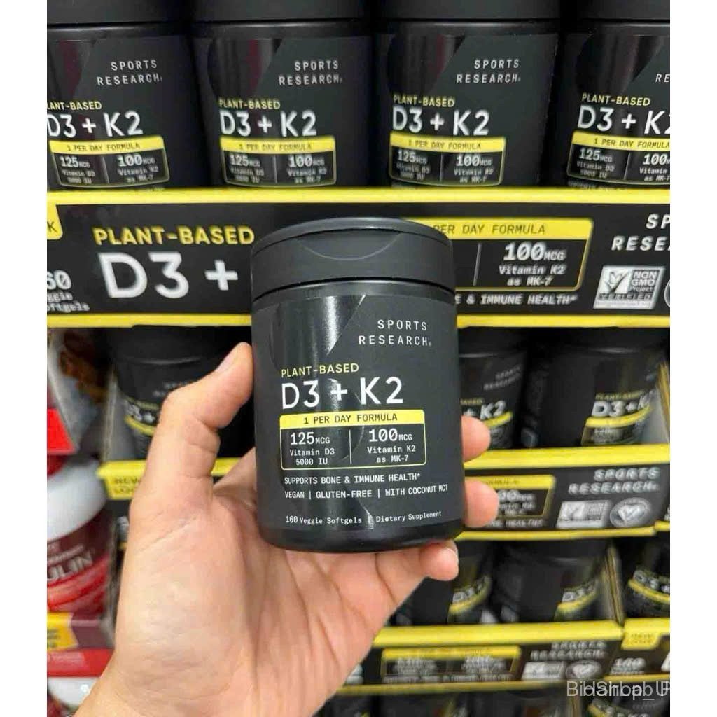 วิตามิน D3+K2 Sports Research 180เม็ด 5000IU D3 100mcg K2 MK‑7 สูตรจากพืช มีน้ำมันมะพร้าว บำรุงกระดู