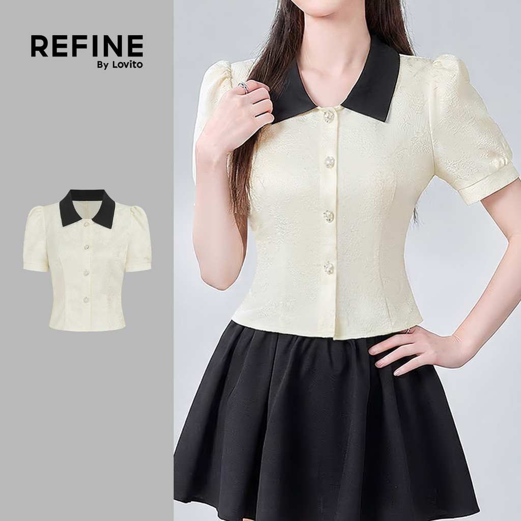 (Refine by Lovito) สง่างาม เสื้อเบลาส์ผู้หญิง ลายแจ็คคาร์ดคัลเลอร์บล็อก มีกระดุม สีขาวงาช้าง น่ารัก เหมาะสําหรับฤดูใบไม้ผลิและฤดูร้อน รหัส เกาหลี อินเทรนด์ LR35A112