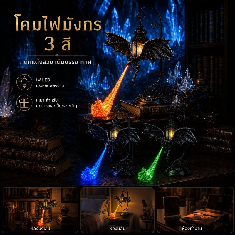 โคมไฟตกแต่ง book nook โมเดลมังกรพ่นไฟ 3 มิติ วางชั้นหนังสือ ไฟแดง ไฟน้ำเงิน ไฟเขียว เลือกขนาด