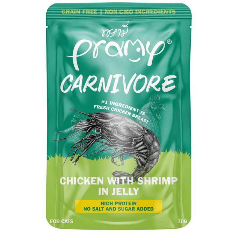 พรามี่คาร์นิวอร์ไก่หน้ากุ้งในเจลลี่ 70กรัม Pramy Carnivore Chicken with Shrimp in Jelly 70g.