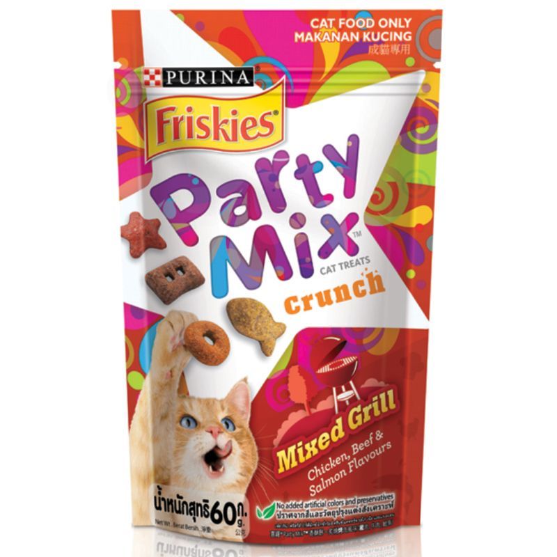 ฟริสกี้ส์ปาร์ตี้มิกซ์ขนมแมวรสมิกซ์กริลล์ 60กรัม Friskies Party Mix Cat Treats Crusch Mixed Grill 60g.