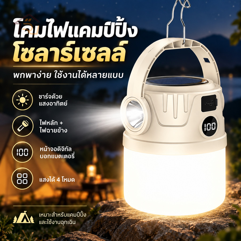 พลังงานแสงอาทิตย์ ไฟแคมป์ปิ้ง Solar Light ไฟเต็นท์ LED มัลติฟังก์ชัน สามารถปรับได้4โหมด กันน้ำType-C