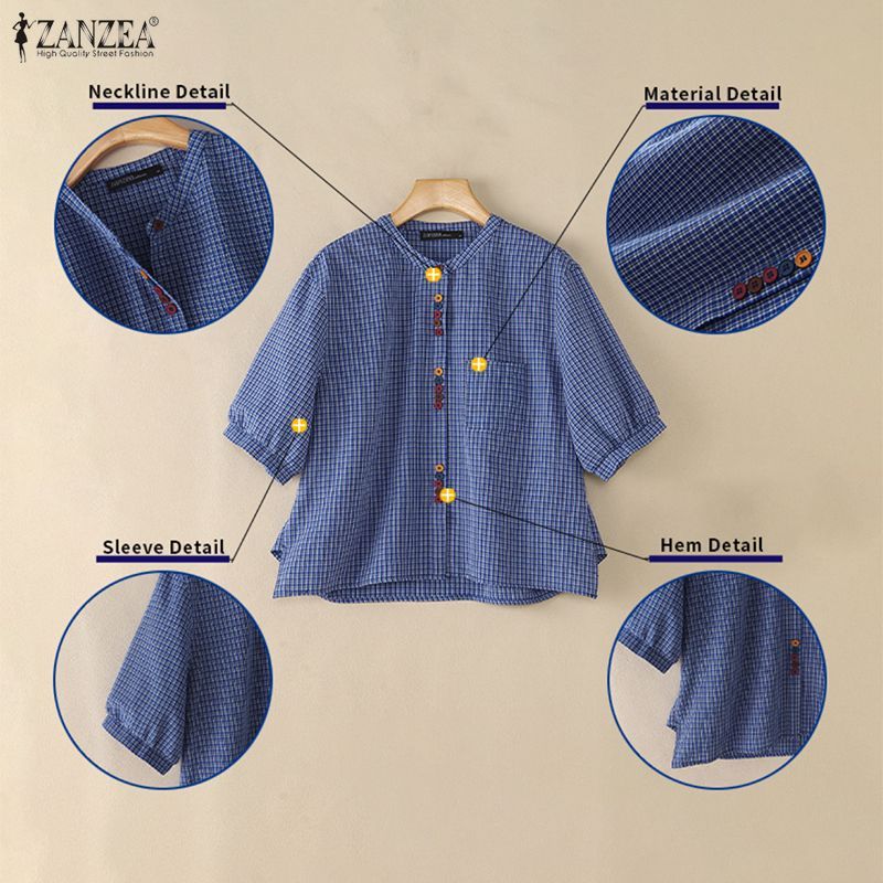 ZANZEA เสื้อเชิ้ตแขนสั้นติดกระดุมแฟชั่นเกาหลีของผู้หญิงหลวมมีสไตล์ — صورة 7