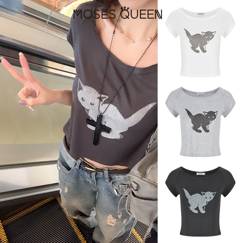 MOSESQUEEN تيشيرت بطباعة قطة سوداء ريترو — صورة 3