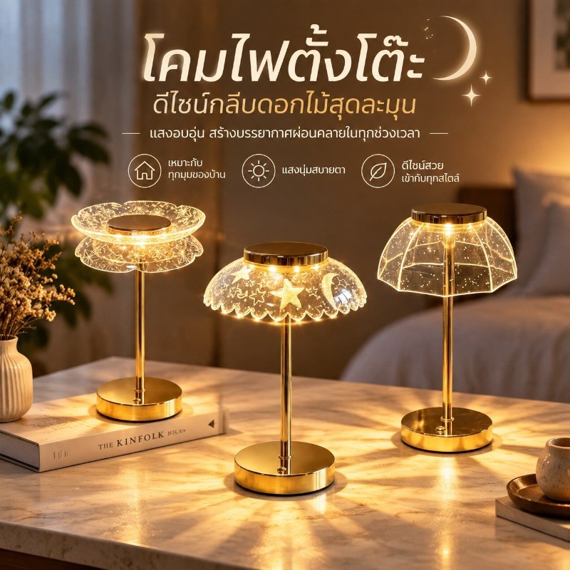 โคมไฟตั้งโต๊ะ LED คริสตัล ไฟข้างเตียงและไฟกลางคืน ตกแต่งห้องนอนแนววินเทจ โครงโลหะชุบทอง ฐานมั่นคง