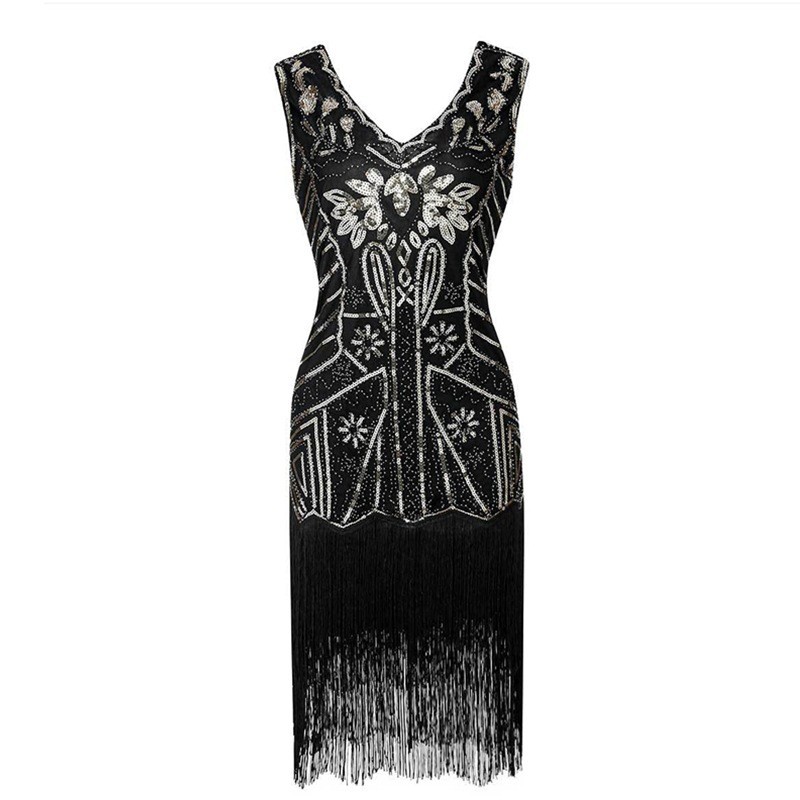Retro 1920S Gatsby Prom Dress Dinner Party Dress ผู้ใหญ่ V คอไหล Sequined Dress LYAJIE25921 APIE
