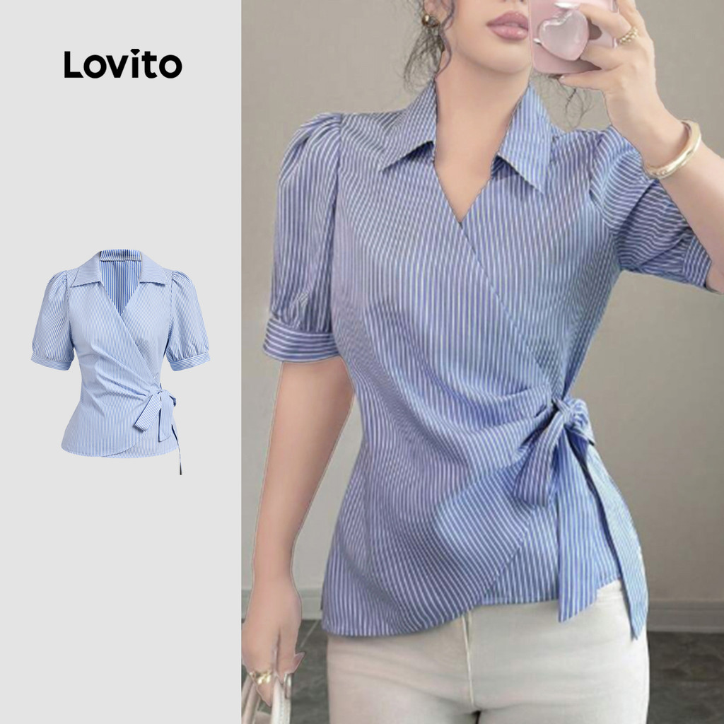 Lovito เสื้อคลุม elegante แบบผูก คอปกสำหรับเดินทางในช่วงฤดูใบไม้ผลิ/ฤดูร้อน สีฟ้าอ่อน L150ED743