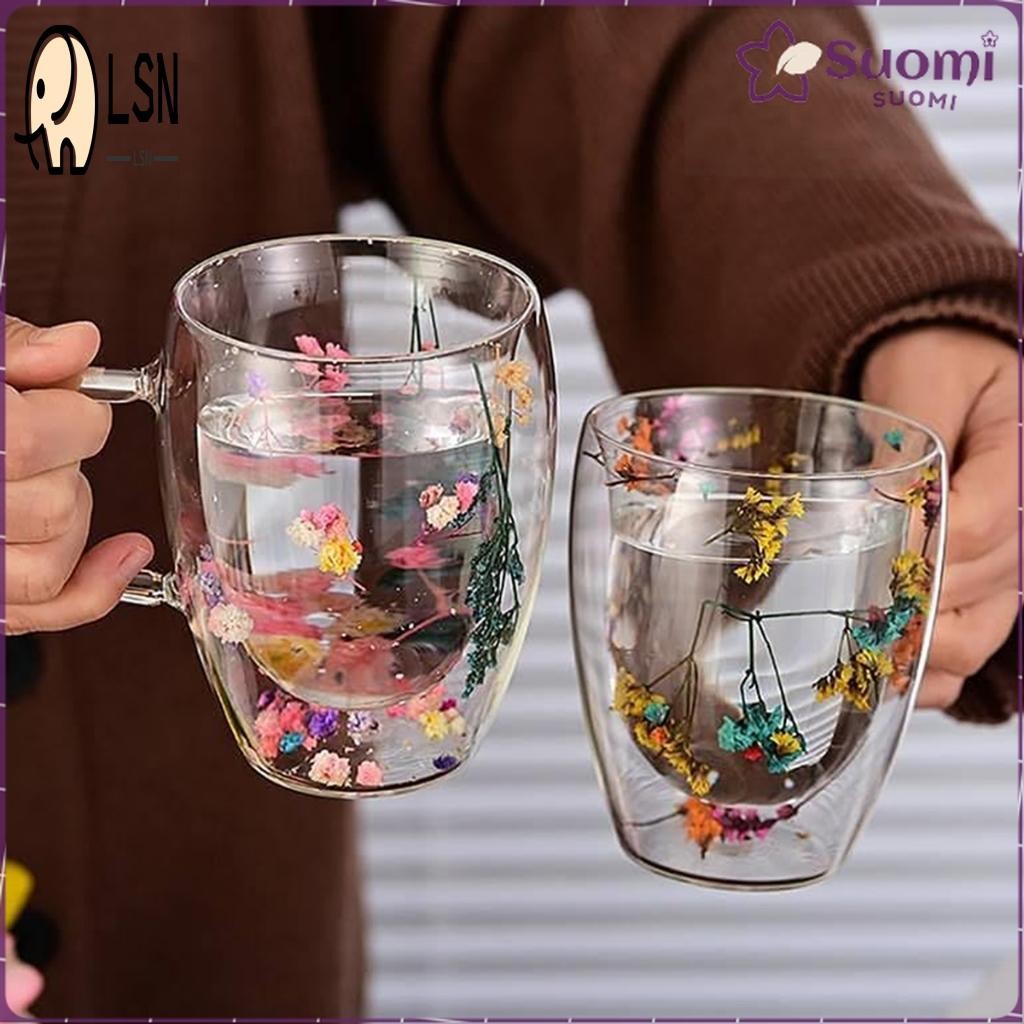 ถ้วยแก้วติดผนังคู่ขนาด 250 มล. 350 มล. พร้อมดอกไม้จริง - ของขวัญทํามือที่สร้างสรรค์