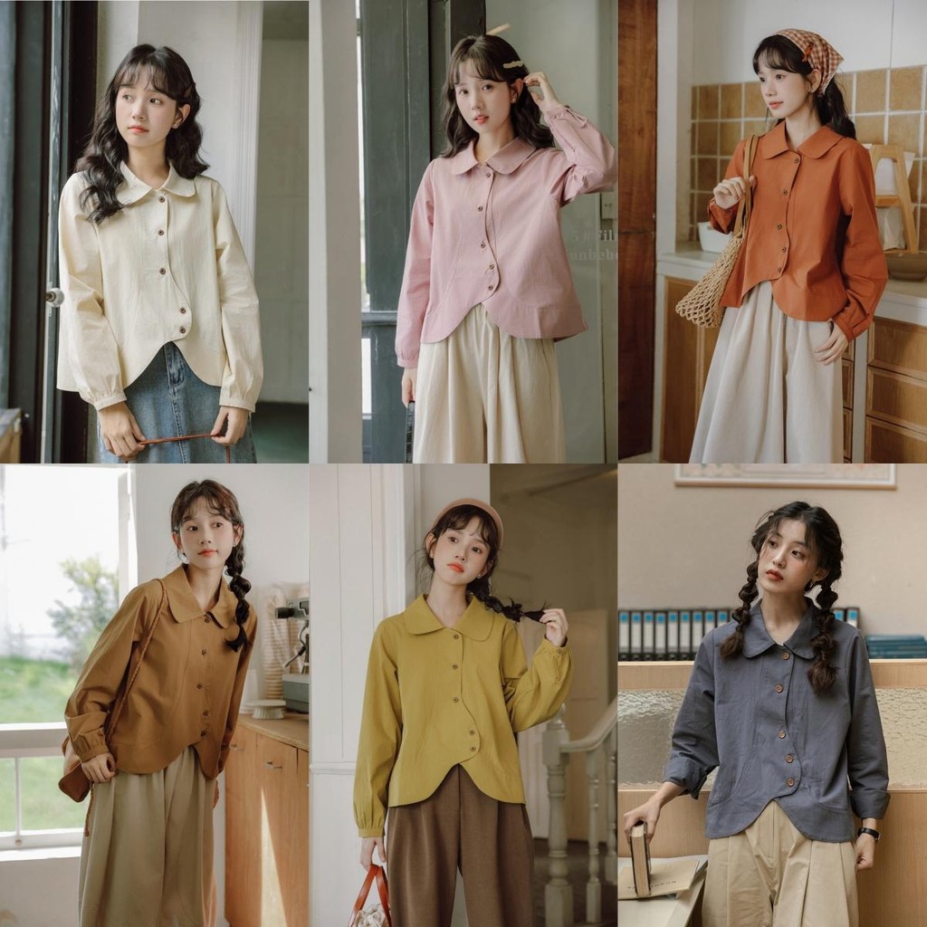 Chili Koko เสื้อเชิ้ตแขนยาวหลวมไม่สม่ำเสมอฤดูใบไม้ร่วงใหม่สำหรับผู้หญิง เสื้อเชิ้ตครอปทรงหลวมสบายๆ 99201