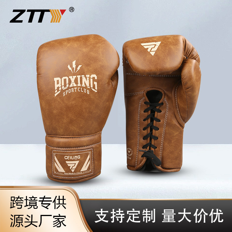 นวมชกมวยหนังไมโครไฟเบอร์ Retro Lace-Up สไตล์ Sanda เจาะกระเป๋าสำหรับการฝึกซ้อมและต่อสู้