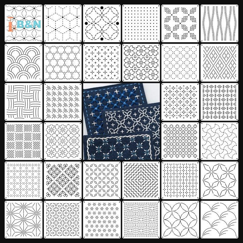 XeR 9/32Pcs Sashiko เย็บปักถักร้อยแม่แบบ DIY เรขาคณิต Patchwork Stencil Reusable PET Stencil Handmade เย็บปักถักร้อยหัตถกรรมเครื่องมือ TH