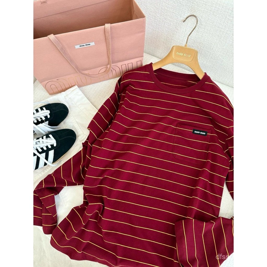 ONEONE2025  | MIUMI * U Letter Patch Striped แขนยาวหลวม