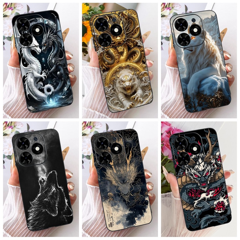 Cool สําหรับ Tecno Spark Go 2024 BG6 / Pop 8 BG6h BG6i กรณีหรูหรา Dragon Lion การ์ตูนซิลิโคนสีดํานุ่