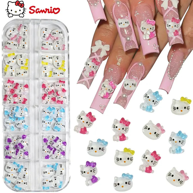 12 กริด (24-100 ชิ้น) Sanrio Hello Kitty เล็บ Charms 3D Kawaii Bow Kiity/Melody Glitter เล็บตกแต่ง D