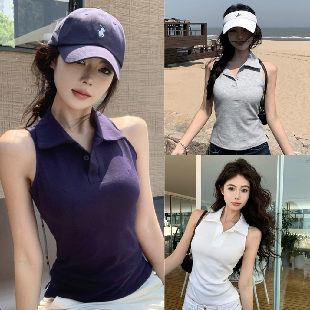 Evelynเสื้อคอปก สีพื้น เสริมฟองน่ำ ผ้าใส่สบาย แขนกุด