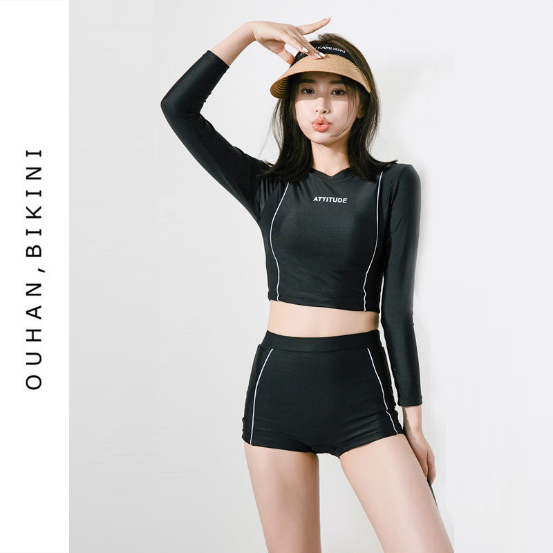 2001 ชุดว่ายน้ำ ทูพีช กางเกงขาสั้น แขนยาว เรียบร้อย เอวสูง ใส่ผอม ชุดว่ายน้ำเกาหลี สีดำ 2 พีช ​   US