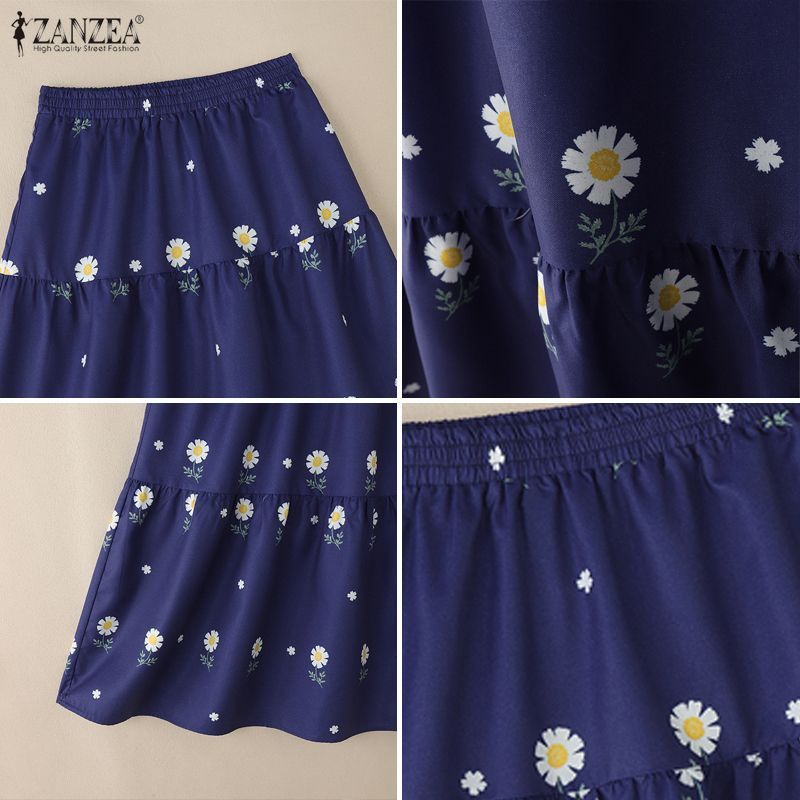 ZANZEA กระโปรงลายดอกไม้ สไตล์เรโทร พิมพ์ pleats สำหรับผู้หญิง ขนาดเอวยางยืด — صورة 8