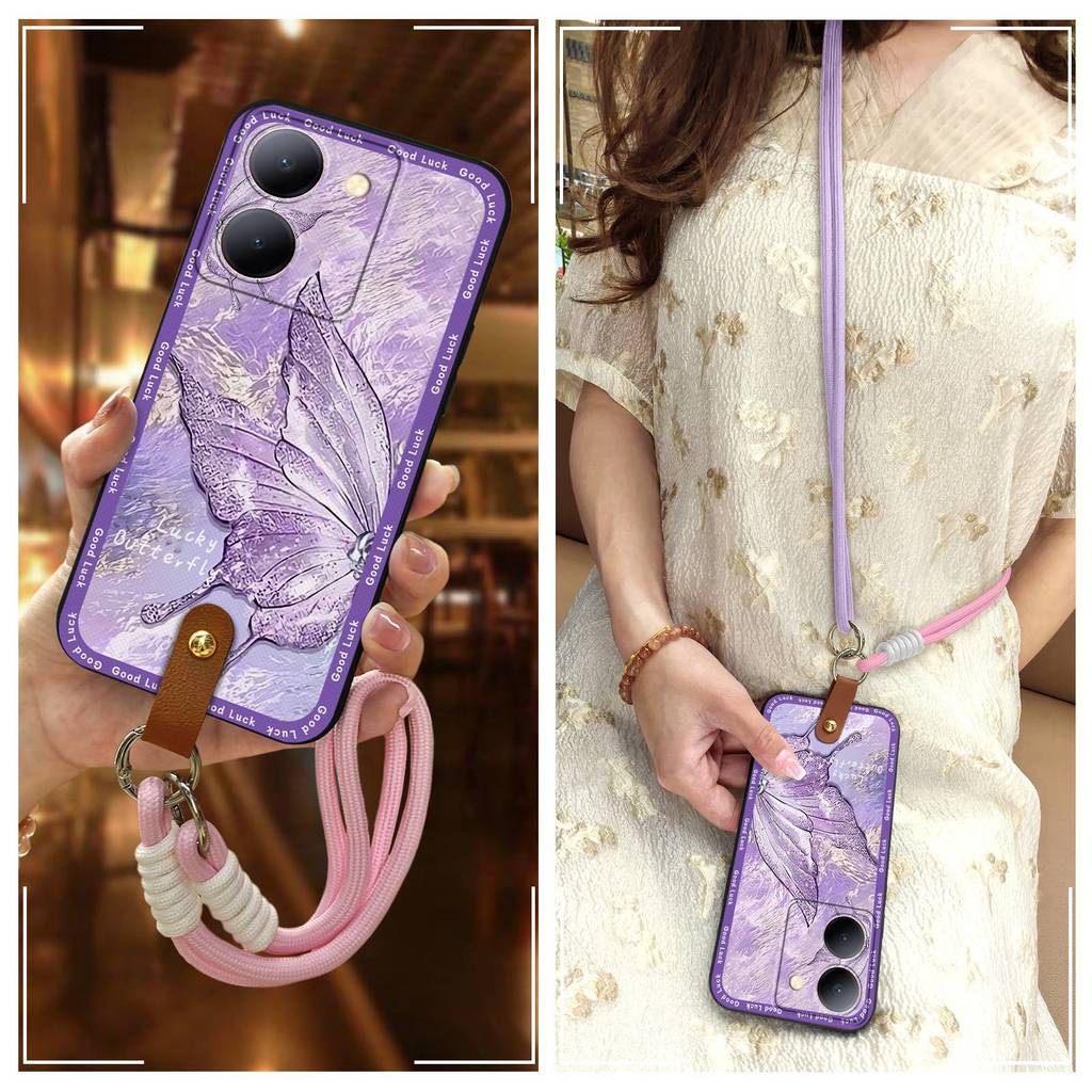 ออกแบบแฟชั่น Lanyard เคสโทรศัพท์สําหรับ VIVO Y77t 5G/Y36 5G/Y27 5G การ์ตูนปกหลัง Graffiti กันกระแทก 