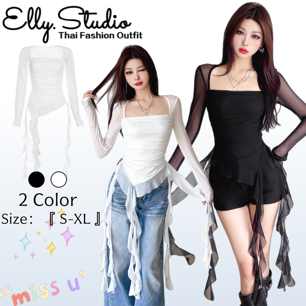 Elly พร้อมส่ง🦄ซีทรูเสื้อเชิ้ต🦄 เสื้อครอป ทรางยาว สามมิติ เซ็กซี่สวย Y2K แขนยาว แฟชั่นผู้หญิง  สีดำเซ็กซี่ชุดปาร์ตี้