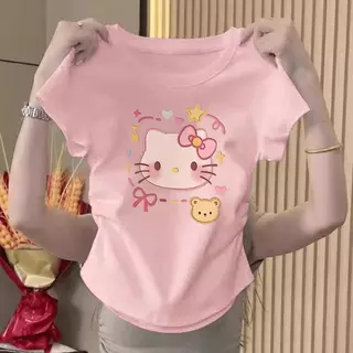 【กรุงเทพจัดส่งสินค้า】เสื้อยืดผู้หญิงคอกลมแขนสั้นสไตล์y2kพิมพ์ลายตัวอักษรแฟชั่นใหม่ฤดูร้อนครอปมีรอยยับด้านข้างทรงสลิมฟิตส