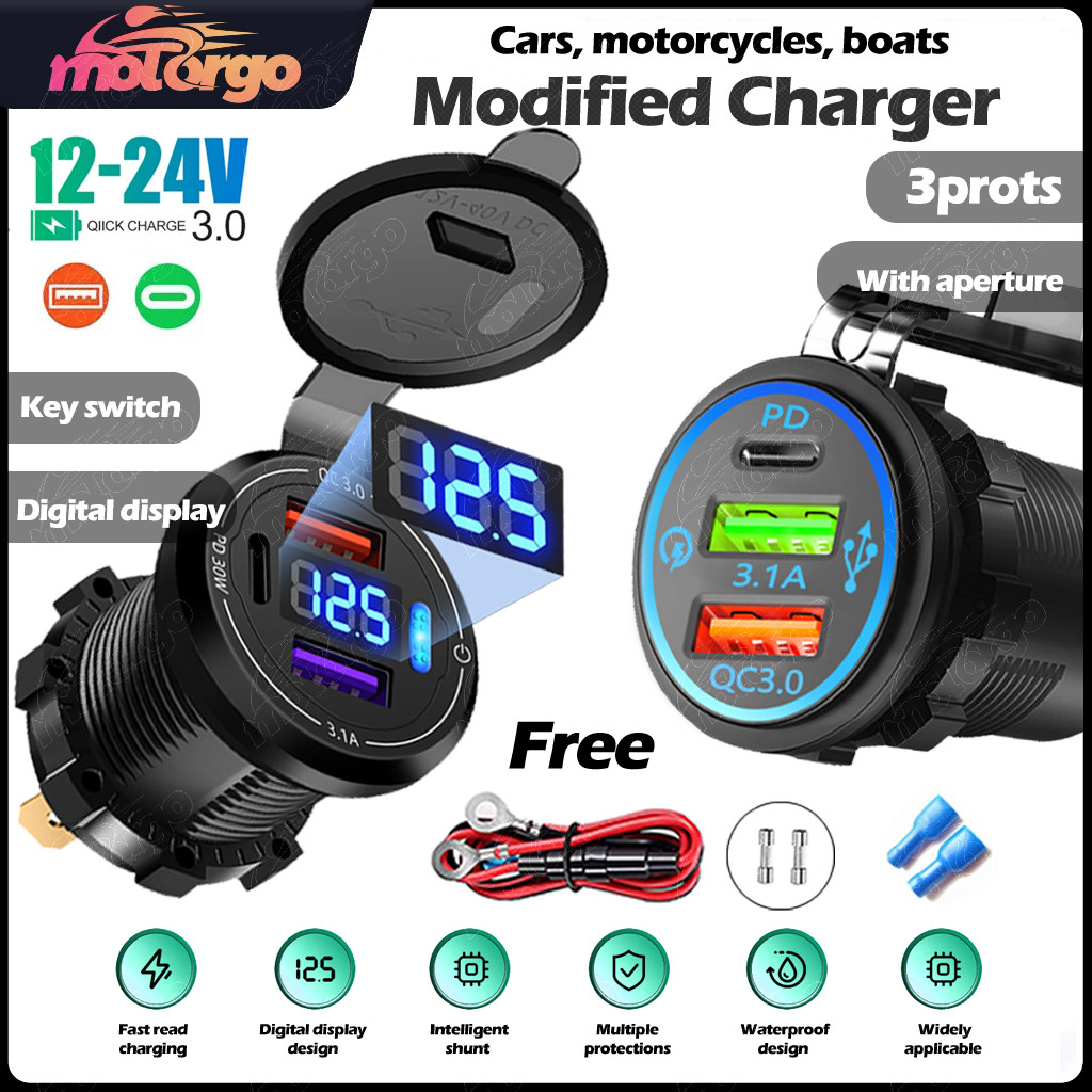 2/3/4 พอร์ต PD & QC 3.0 ที่ชาร์จแบตในรถพร้อมโวลต์มิเตอร์ - อะแดปเตอร์ชาร์จเร็วสากลสําหรับยานพาหนะ 12V/24V, รถยนต์, ATVs, Boa