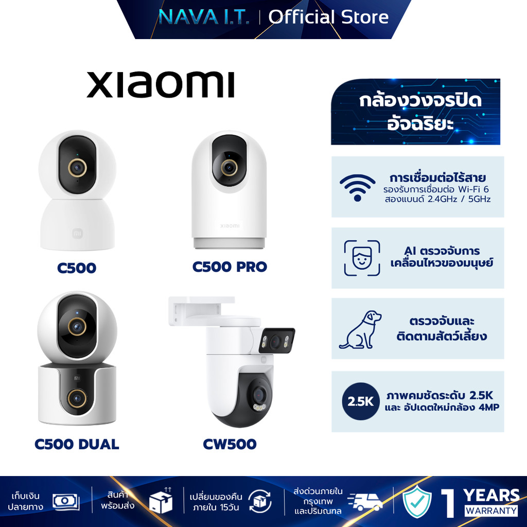 XIAOMI SMART CAMERA กล้องวงจรปิด ภาพชัด ตรวจจับ AI C500 / C500 PRO / C500 DUAL / CW500 รับประกัน 1 ป