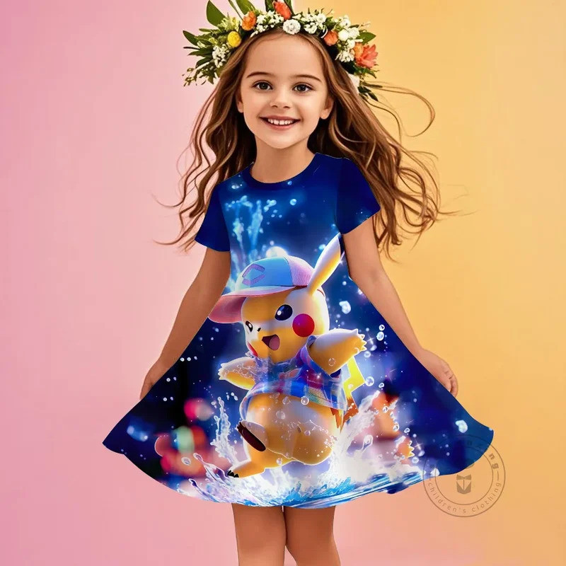 Pokemon Pikachu Themed Girls Dress 3D พิมพ์แขนสั้นรอบคอฤดูใบไม้ร่วงและฤดูร้อน Kawaii ชุดเด็ก 3-14 Yr