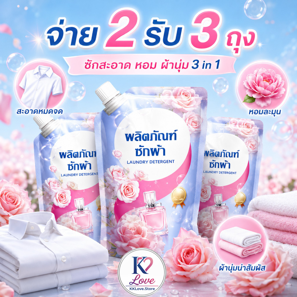 น้ำยาซักผ้าถุงเติม กลิ่นกุหลาบโรแมนติก 3 in 1 ซักสะอาด รูปที่ 4