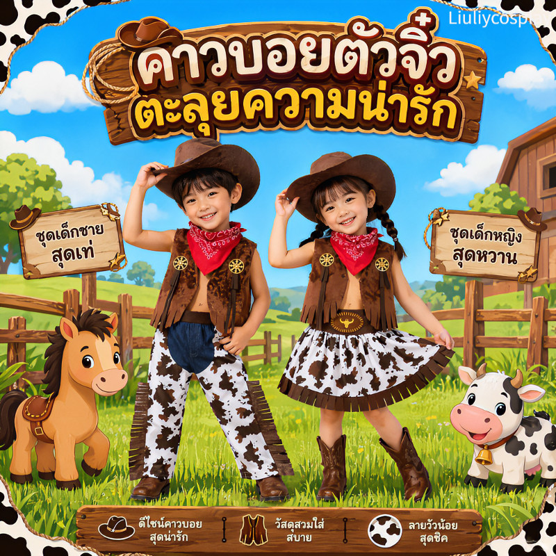 【จัดส่งจากประเทศไทย】ชุดเดนิมตะวันตก เครื่องแต่งกายวันหยุด Cosplay ชุดคอสเพลย์ เหมาะสำหรับ เด็กชาย เด็กผู้หญิง Boys and Girls Western Cowboy Clothing