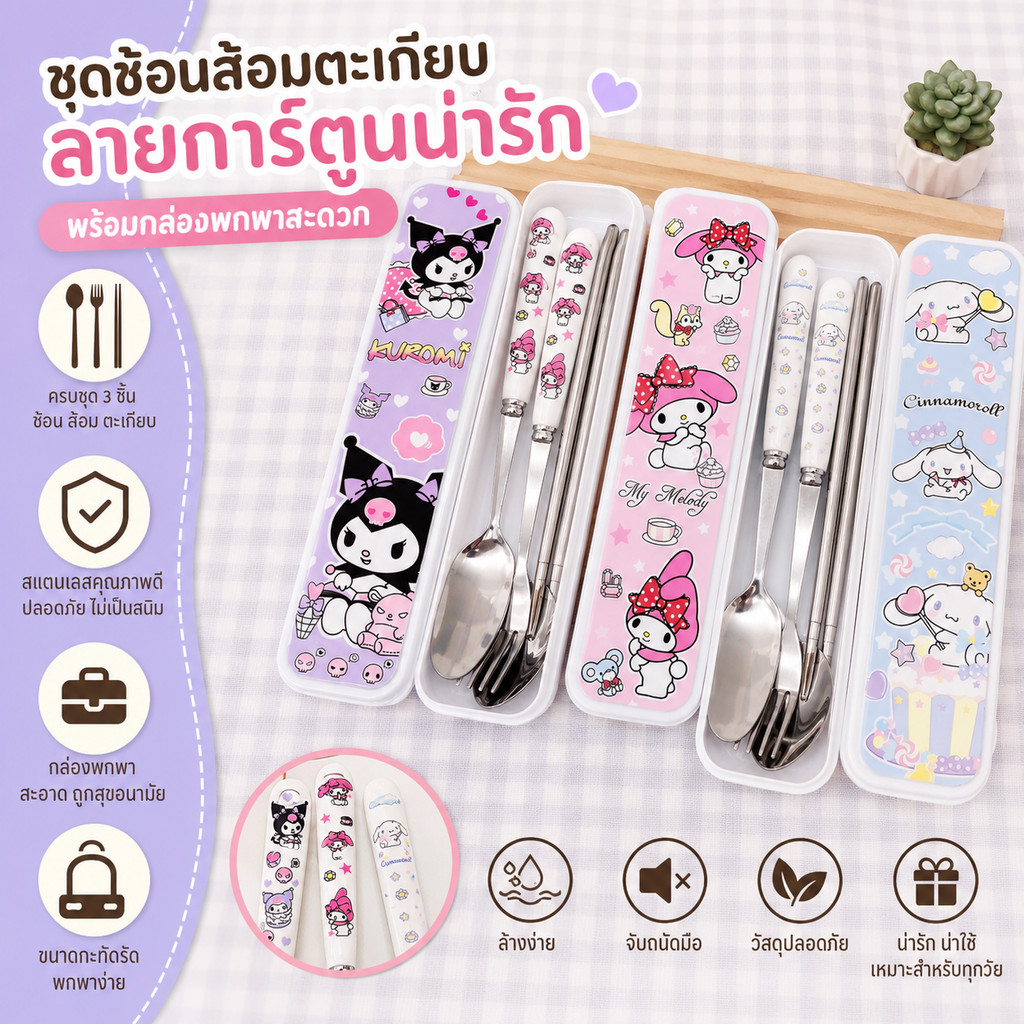 【ส่งไวจากไทย】ชุดช้อนส้อมและตะเกียบสามชิ้นในกล่องบนโต๊ะอาหาร น่ารัก พิมพ์การ์ตูน แบบพกพา กล่องเก็บของ