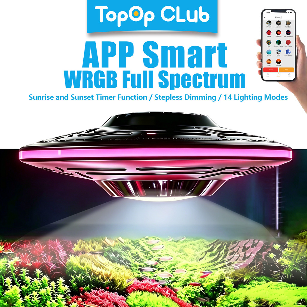 TOPOP CLUB APP ควบคุมโหมดแสงแดดและพระอาทิตย์ตก WRGB UFO Ra99 Full Spectrum AQUARIUM PLANTS น้ําทะเล 50W/100W