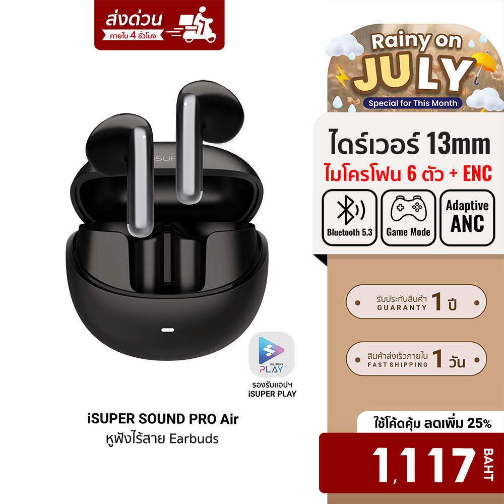 [ลดเหลือ 1117] iSUPER SOUND PRO Air หูฟังไร้สาย ตัดเสียงรบกวน Bluetooth 5.3 ใช้งานผ่านแอปฯ -12M