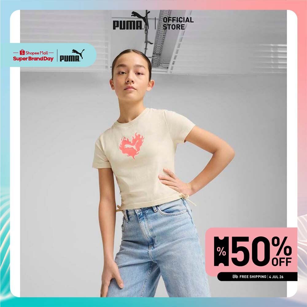 PUMA Kids เสื้อยืดผูกโบว์ FLAMING LOVE สำหรับวัยรุ่น สีขาว - 68510887