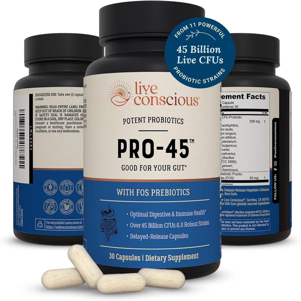 Live Conscious PRO45 โปรไบโอติกสําหรับผู้หญิงและผู้ชาย: สูตรที่ครอบคลุม 45 พันล้าน CFU วัฒนธรรม 11 ป