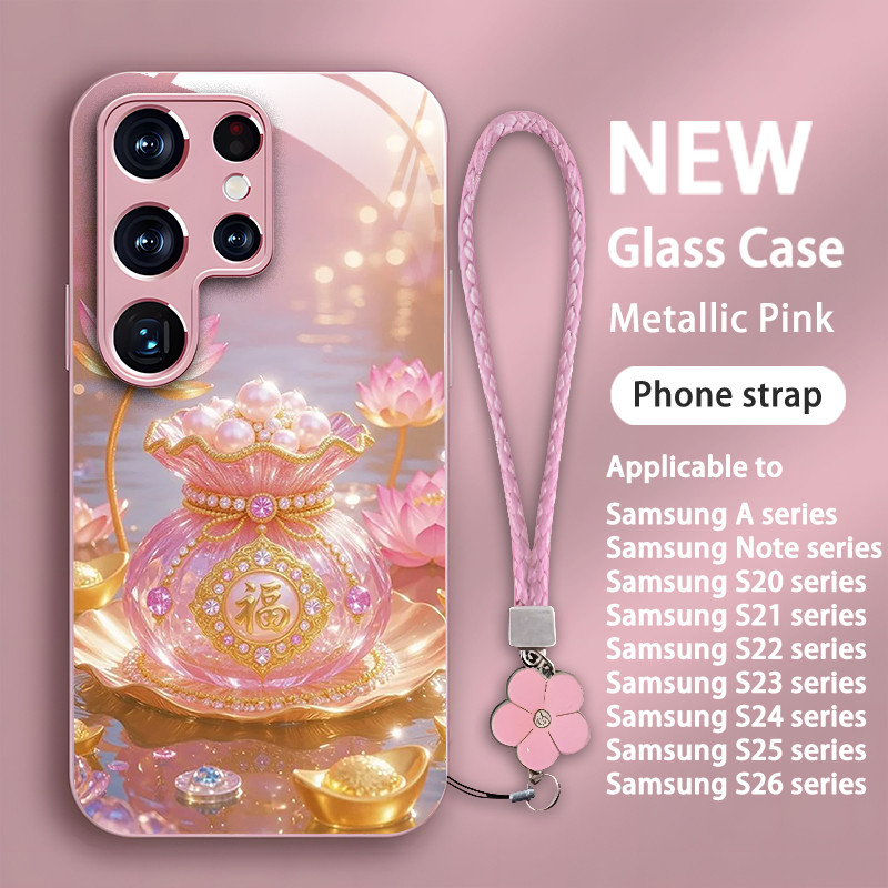 ถุงโชคดอกบัว เคส Samsung Galaxy S26 S25+ S24 S23 S22 S21 S20 Note20 10 Ultra Edge FE A56 A55 A36 A35 A26 A25 A16 A15 A05 สายคล้องโทรศัพท์ กันกระแทก เคสฝาหลังแข็งกระจก ของขวัญ,