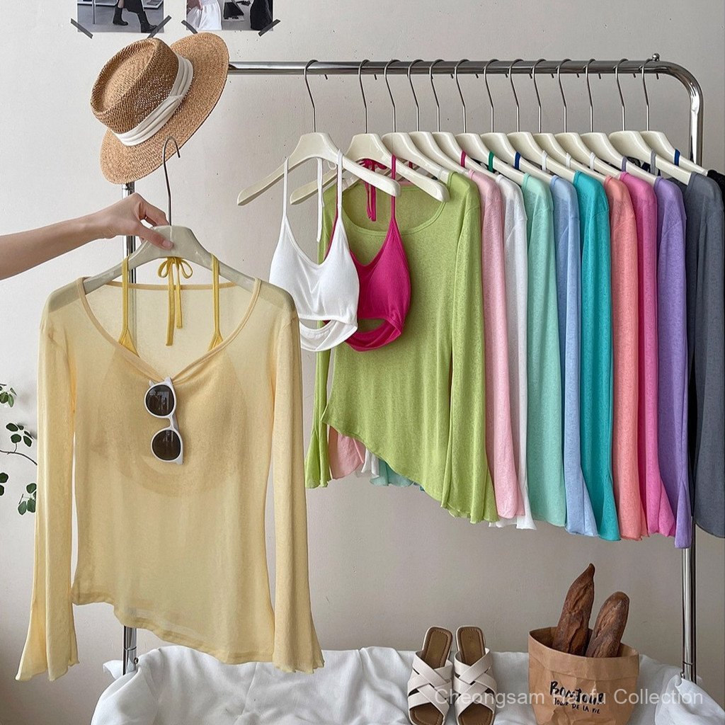 Local Shipping ผู้หญิง Sheer Flare แขนยาวป้องกันแสงแดดด้านบนการจับคู่ Halter Camis ชุดสองชิ้น