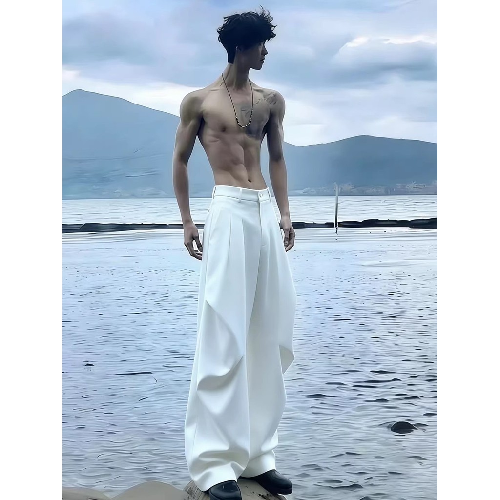 แฟชั่นอเมริกันวินเทจ กางเกงยีนส์ผู้ชาย baggy jeans y2k กางเกงขากว้างจีบสีขาวผู้ชายฤดูร้อน Drapey กาง