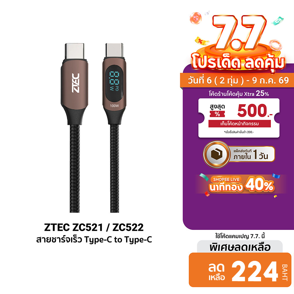 [ลดเหลือ 224] ZTEC ZC521 / ZC522 สายชาร์จ 5A 100W สายวัดกำลังไฟ USB-C to USB-C วัสดุสายถัก -2Y