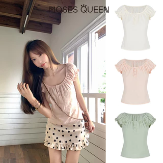 MOSESQUEEN เสื้อยืดแขนสั้นคอยูผ้าฝ้ายแท้พร้อมสายรัดดีไซน์สําหรับเอฟเฟกต์สลิมมิ่งและแขนพัฟ #63929