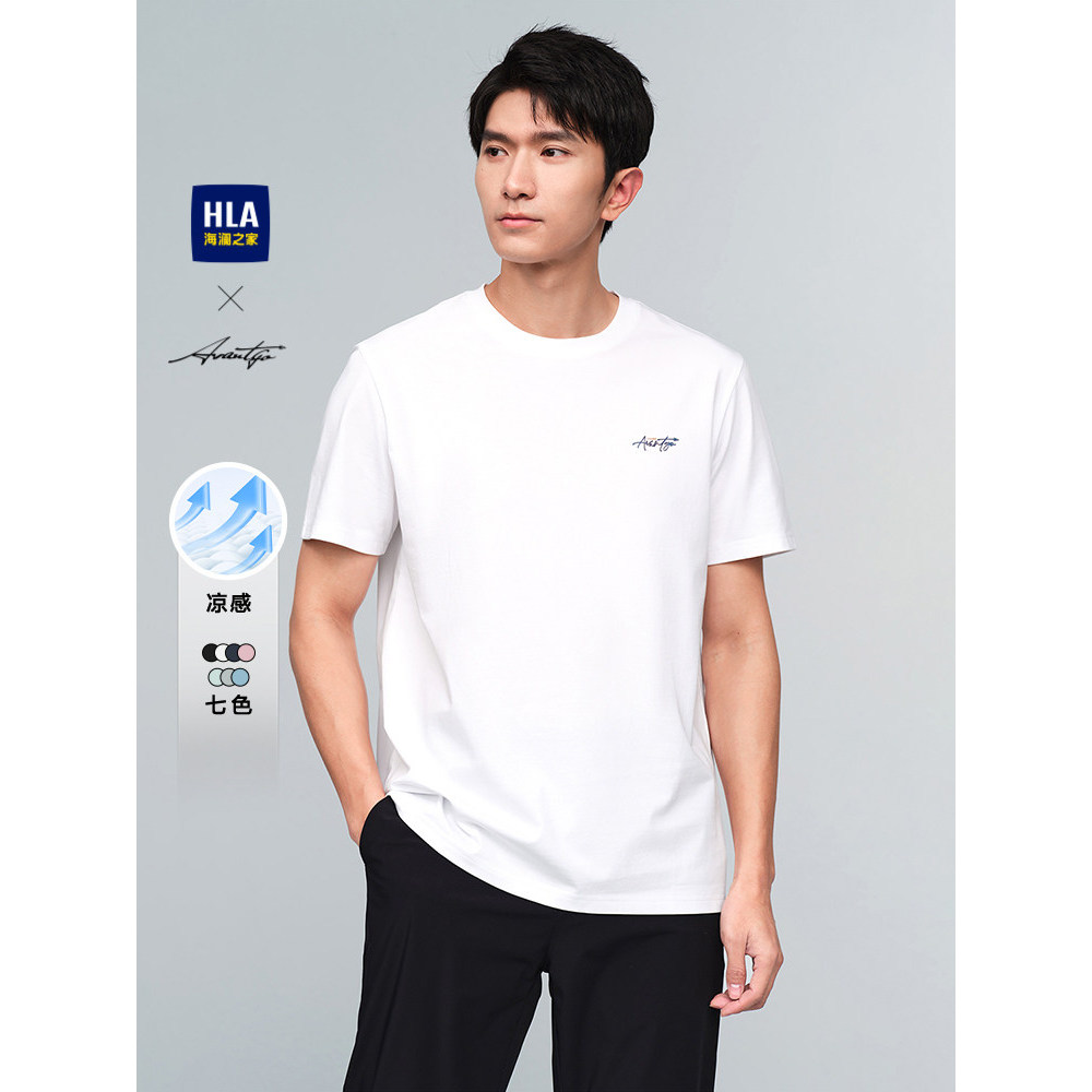 HLA/Hailan House Light Business Fashion Series เสื้อยืดแขนสั้นฤดูร้อน Cool พิมพ์รอบคอด้านบนผู้ชาย