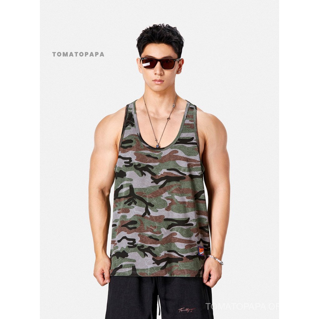TOMATOPAPA Mens Summer Sports Camouflage Vest-Fitness Sports Sleeve Slim-fit Cotton Sweat Vest Fashion Pullover Loose — صورة 2