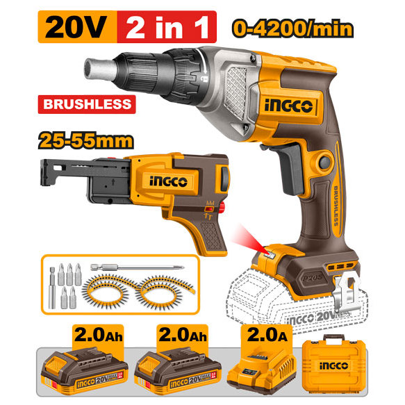 INGCO สว่านยิงสกรูไร้สาย 20V (2 in 1 Brushless Drywall Screwdriver) รุ่น CDSLI204268 ครบชุดแบต 2ah*2ก้อน
