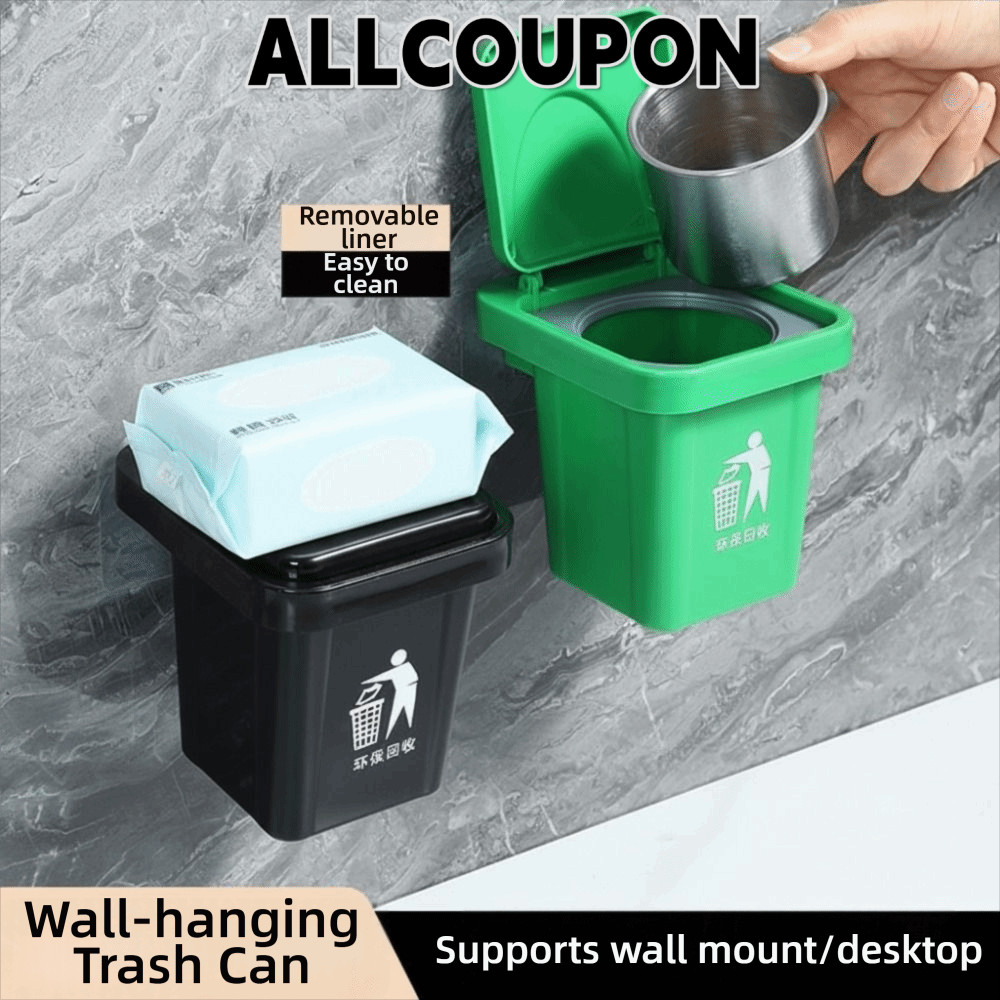 ALLCOUPON ถังขยะติดผนัง, ถังขยะสแตนเลสแบบไม่มีหมัด, พร้อมฝาปิดแขวนผนังกันฝุ่นสามารถห้องน้ําห้องนั่งเล่น