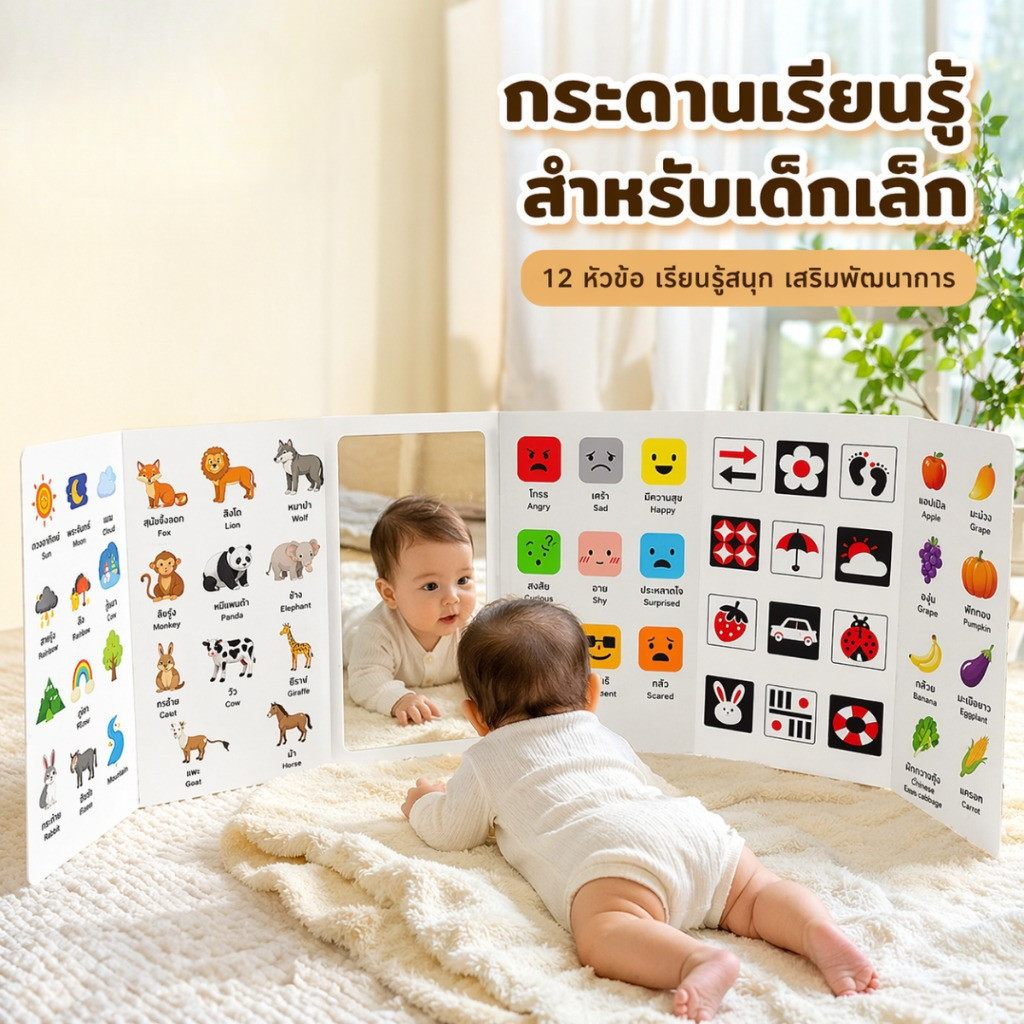 แผงบอร์ดเสริมพัฒนาการเด็ก 12 หัวข้อ พับได้ มีกระจก ฝึกมองเห็นและเรียนรู้ กันน้ำเช็ดง่าย วัสดุหนา ขอบมน เหมาะกับเด็กเล็ก