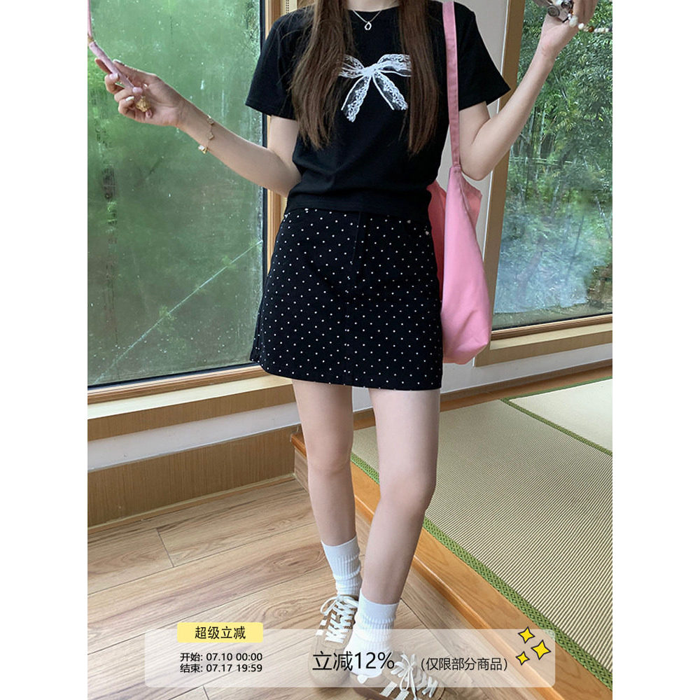 Wu 77 สีดํา miu สไตล์ Polka Dot กระโปรงหญิง Retro All-Match ขนาดเล็กเอวสูง Slimmer ดูสะโพก a-Line กร