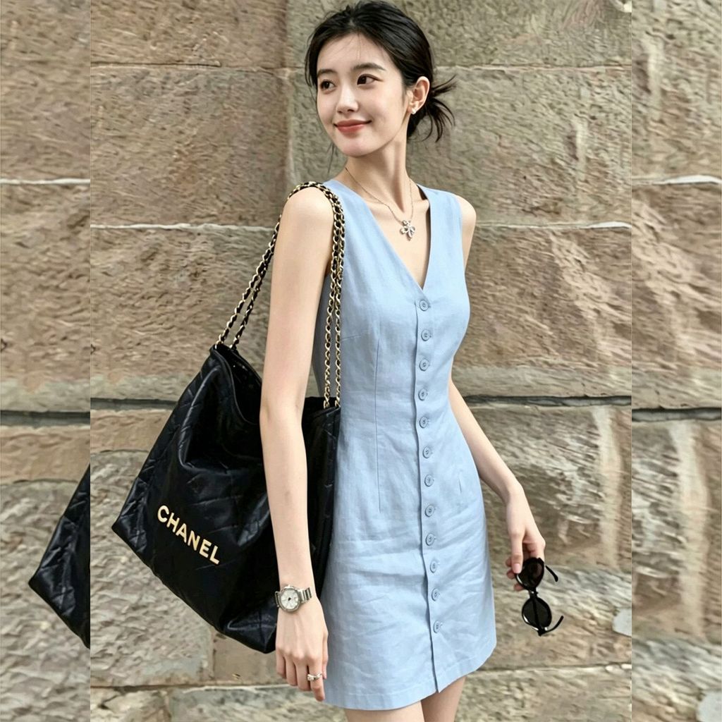 แฟชั่นเกาหลีรุ่น Minimalist สไตล์สีฟ้าแขนกุดผู้หญิง Single-Breasted แคบ-เอว Slimmer ดูเงินเก่าสไตล์กระโปรงสั้นขนาดเล็ก